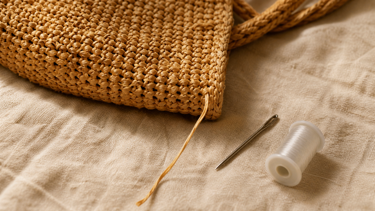 Close-up of a raffia woven bag with one loose strand beside a blunt needle and clear thread