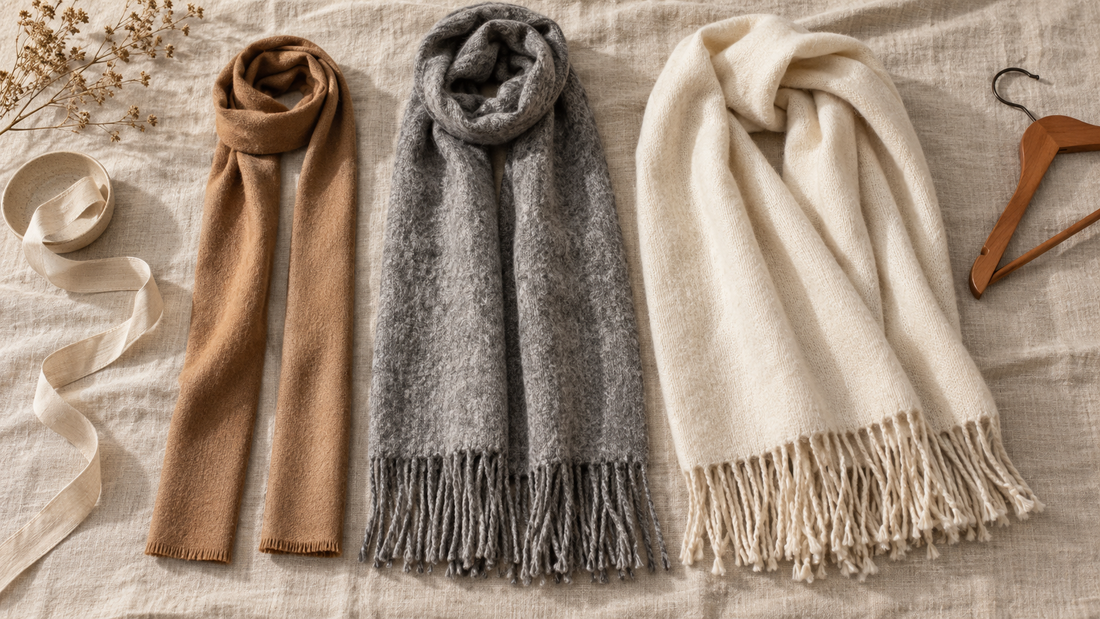 Three wool scarves of different lengths and widths laid side by side on pale linen.