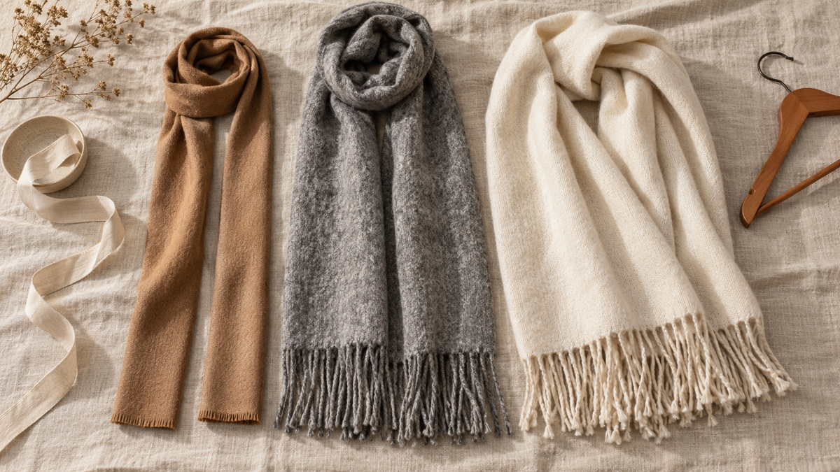 Three wool scarves of different lengths and widths laid side by side on pale linen.