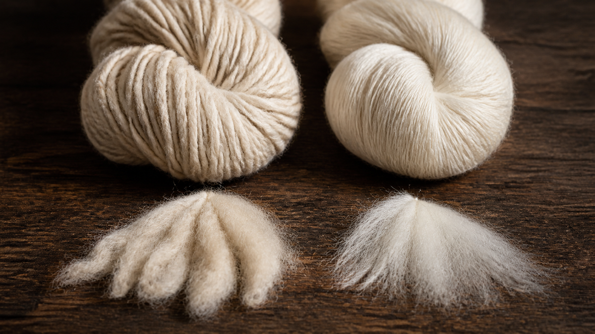 Coarse sheep wool yarn and fine cashmere yarn side by side with loose fibers fanned in front