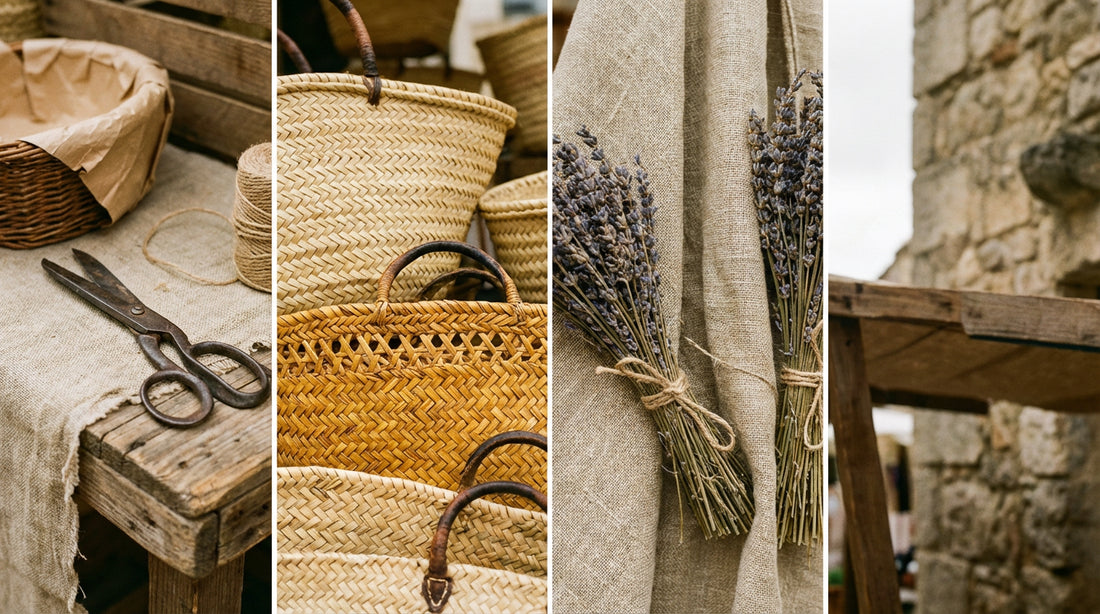 Hand-woven straw baskets at Southern European market with lavender and leather scissors — Wildfool woven bag guide 2026