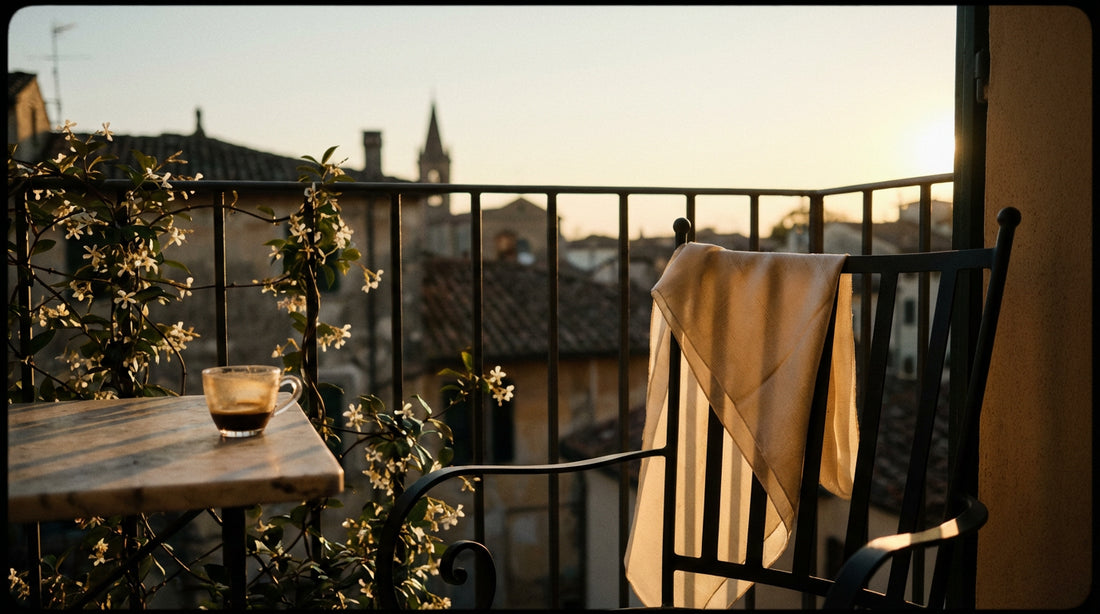 Silk scarf draped over wrought-iron chair on European balcony at golden hour with espresso and jasmine — Wildfool spring styling guide