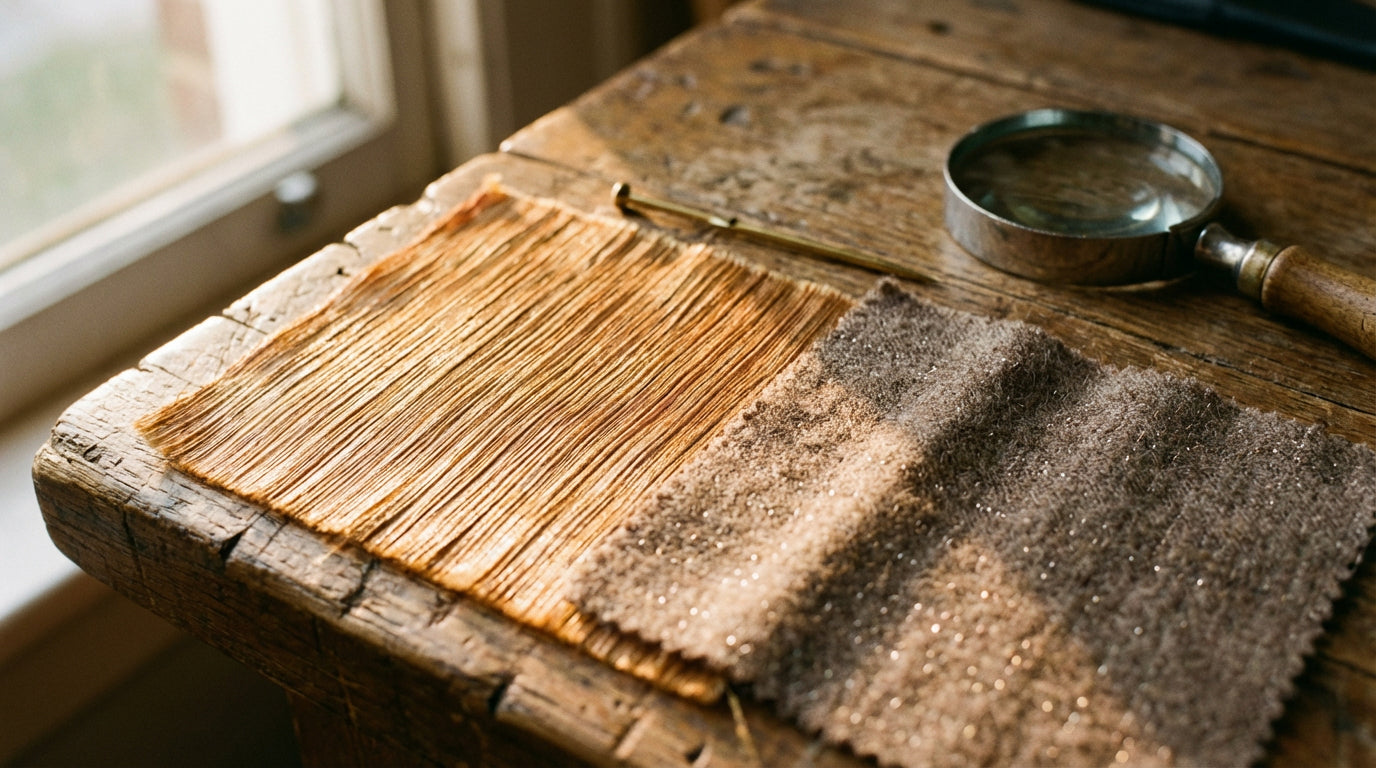 Mulberry silk and silk-wool blend fabric swatches side by side on oak workbench with magnifying loupe — Wildfool material comparison