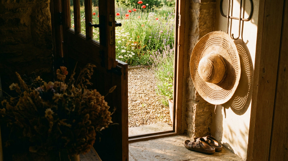 Straw hat hanging on iron hook in farmhouse doorway at golden hour with wildflower garden — Wildfool spring accessories
