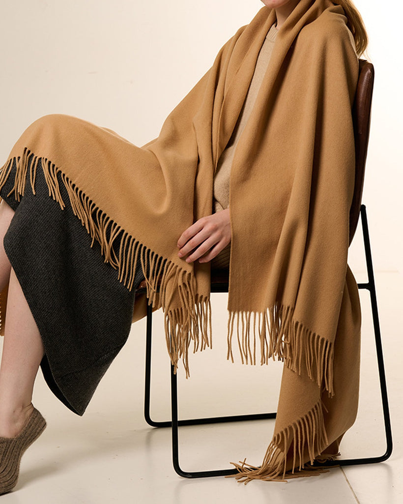 The Nomad Lambswool Blanket-Wrap, styled 2