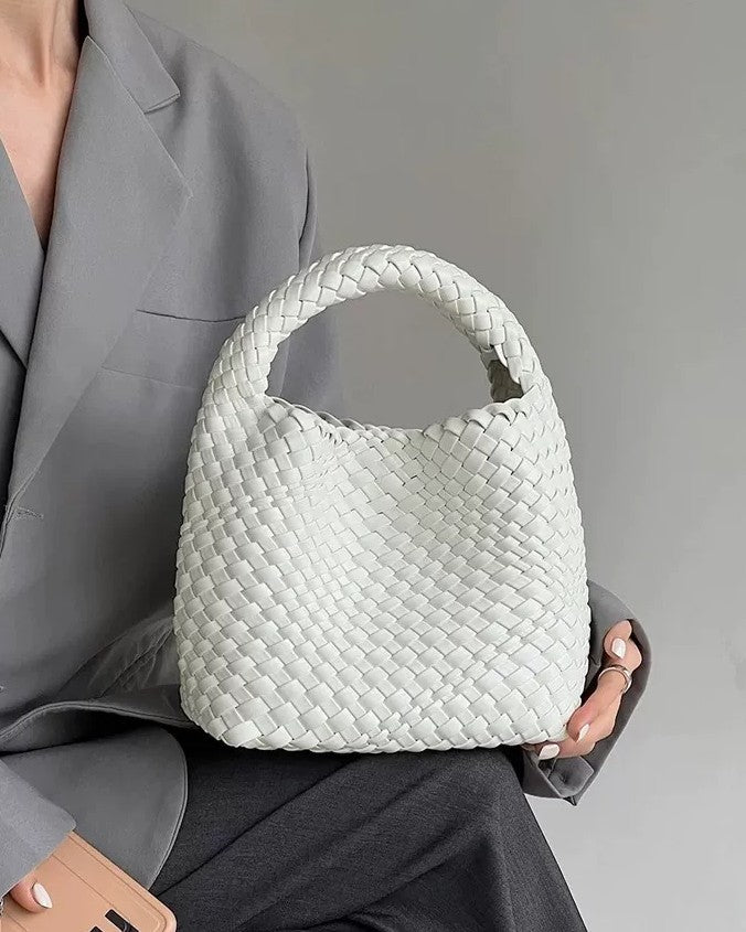 The Basketweave Leather Tote - White