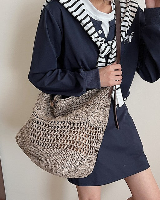 Wildfool Hollow-Weave Tote in Gray - Styled on Model - Hand-Woven Straw, Leather Strap, Lined Interior