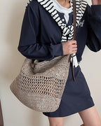 Wildfool Hollow-Weave Tote in Gray - Styled on Model - Hand-Woven Straw, Leather Strap, Lined Interior