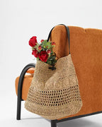 Wildfool Hollow-Weave Tote in Sand - Styled on Model - Hand-Woven Straw, Leather Strap, Lined Interior