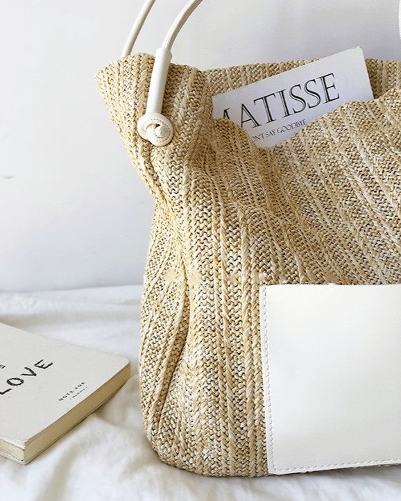 Wildfool Woven Tote and Crossbody Set in Black - Detail Close-up - Hand-Woven Straw, Mother-Child Design, Magnetic Closure
