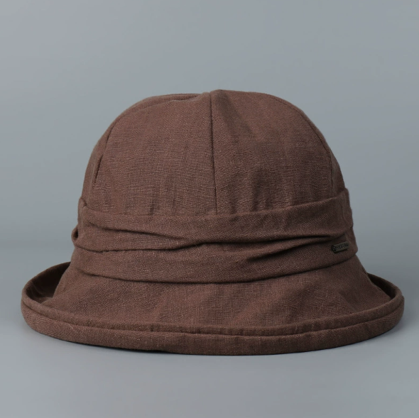 The Structured Rolled-Brim Linen Hat in Espresso - front view showing the rolled brim and gathered band