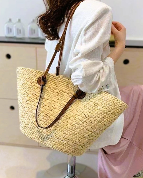 Wildfool Basket-Weave Tote in Cream - Styled on Model - Cotton-Poly Weave, Leather Handles, Metal Ring Hardware