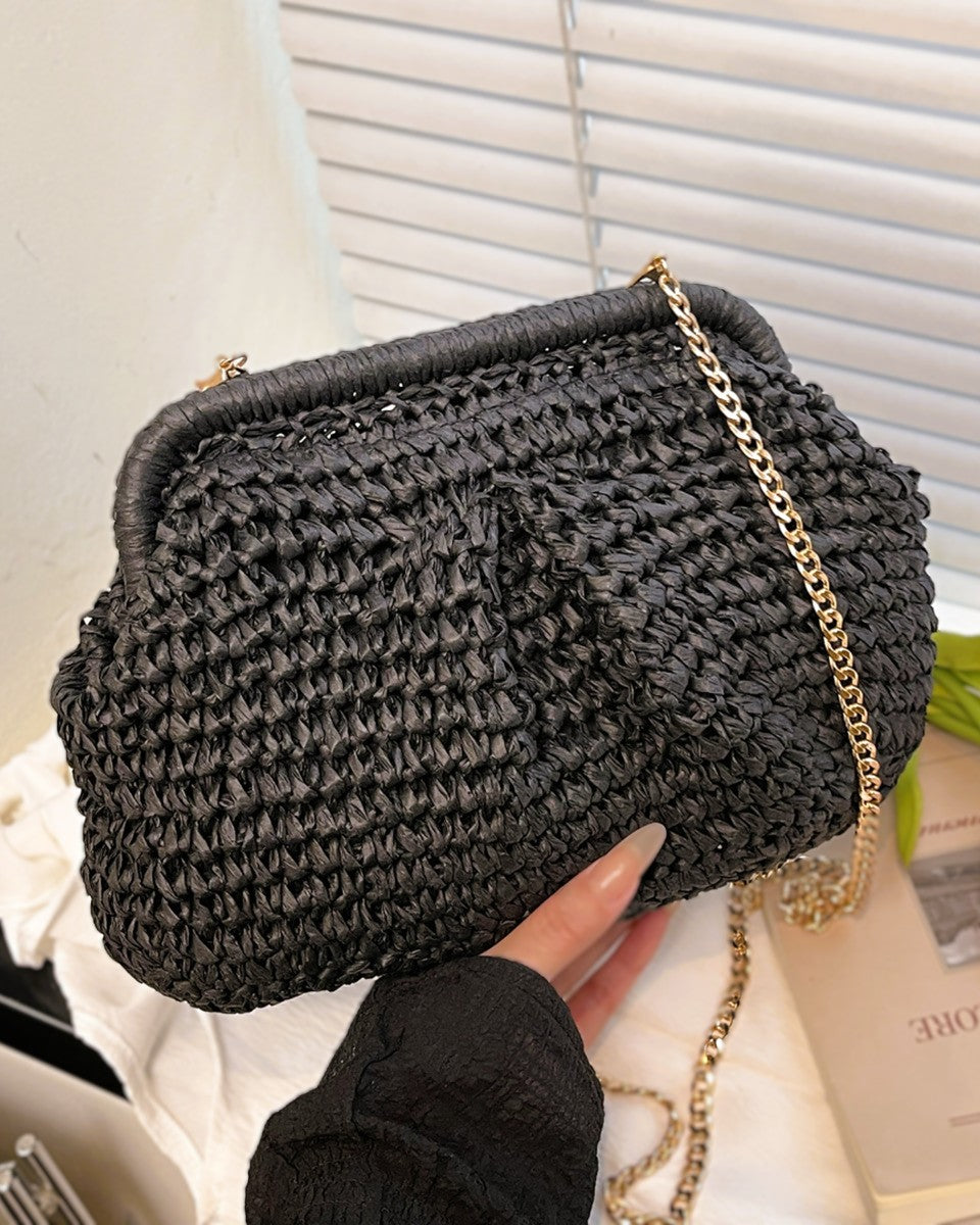 Wildfool Woven Shell Crossbody in Camel - Front View - Woven Straw, Chain Strap, Shell Shape