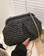 Wildfool Woven Shell Crossbody in Camel - Front View - Woven Straw, Chain Strap, Shell Shape