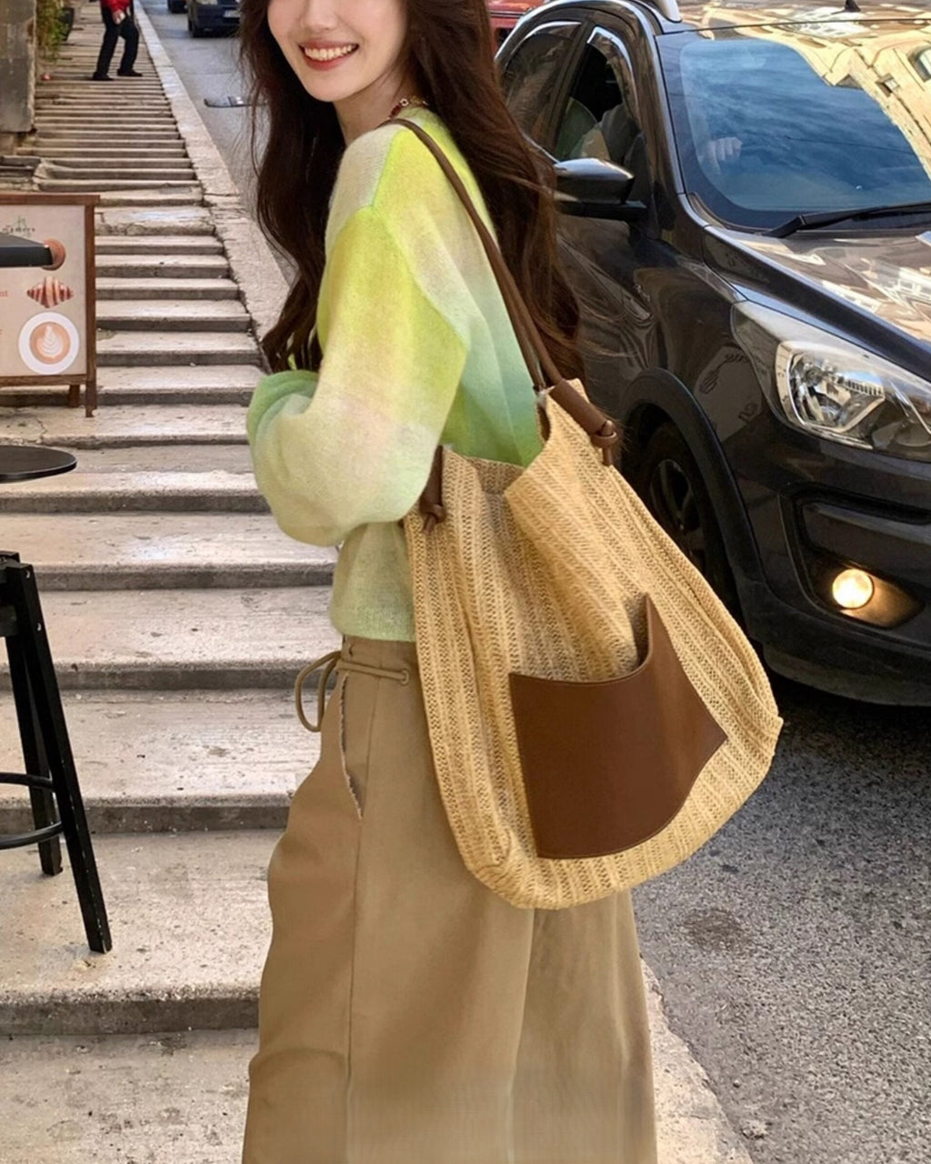 Wildfool Woven Tote and Crossbody Set in Yellow - Styled on Model - Hand-Woven Straw, Mother-Child Design, Magnetic Closure