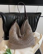 Wildfool Hollow-Weave Tote in Gray - Detail Close-up - Hand-Woven Straw, Leather Strap, Lined Interior