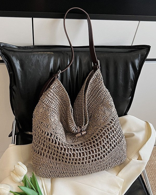 Wildfool Hollow-Weave Tote in Gray - Detail Close-up - Hand-Woven Straw, Leather Strap, Lined Interior