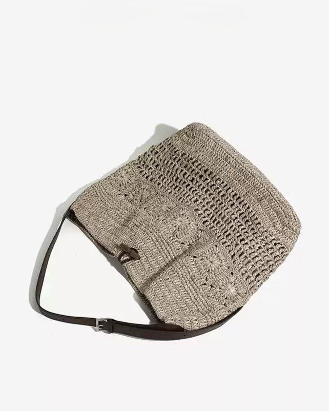 Wildfool Hollow-Weave Tote in Gray — three-quarter view with lock clasp visible