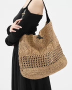 Wildfool Hollow-Weave Tote in Sand - Styled on Model - Hand-Woven Straw, Leather Strap, Lined Interior
