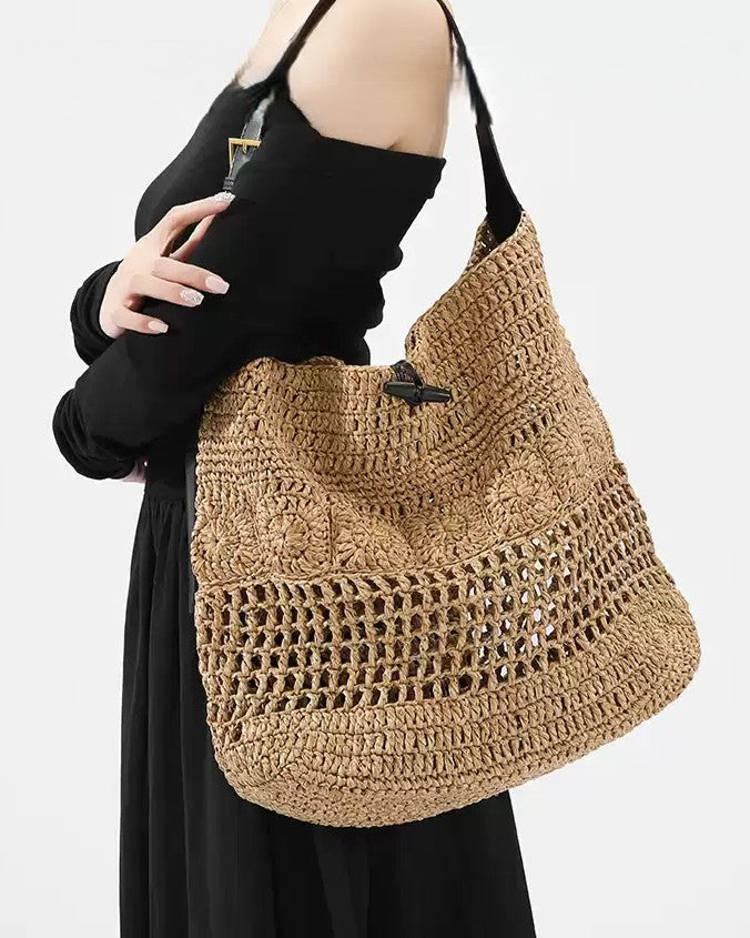Wildfool Hollow-Weave Tote in Sand - Styled on Model - Hand-Woven Straw, Leather Strap, Lined Interior
