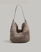 Wildfool Hollow-Weave Tote in Gray — three-quarter view with lock clasp visible