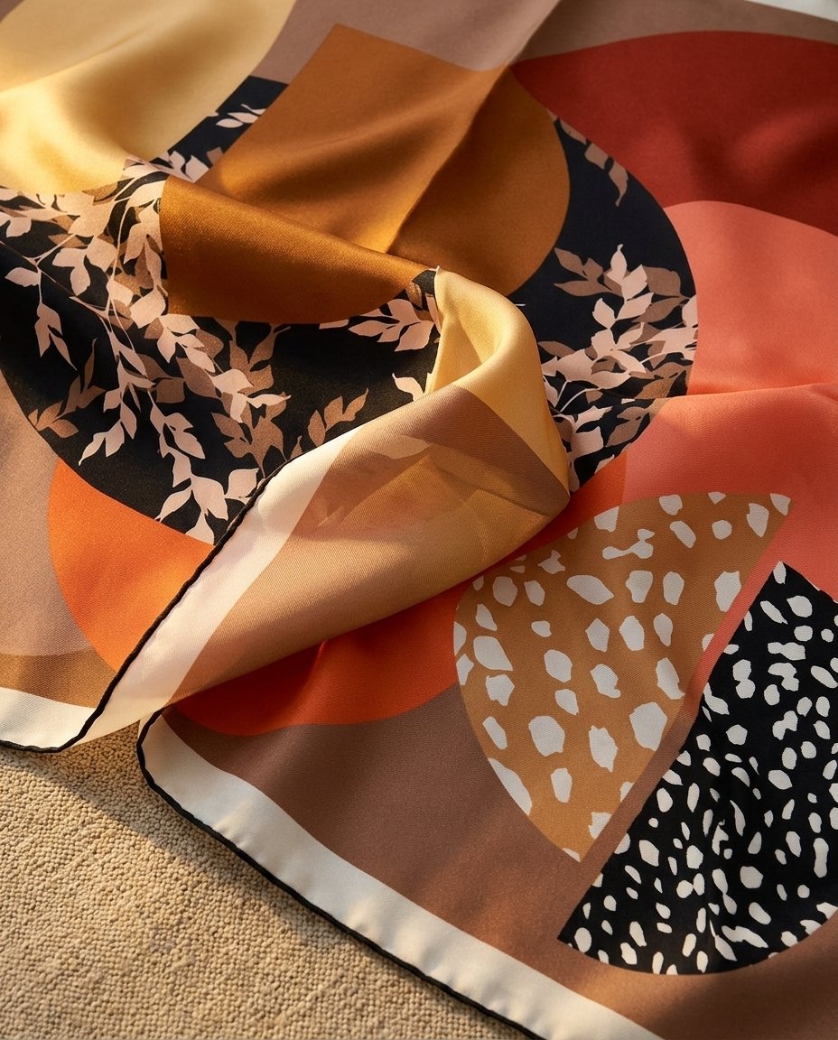 Wildfool geometric silk scarf 65cm with bold burnt orange, rust-red, mustard, and black color blocks