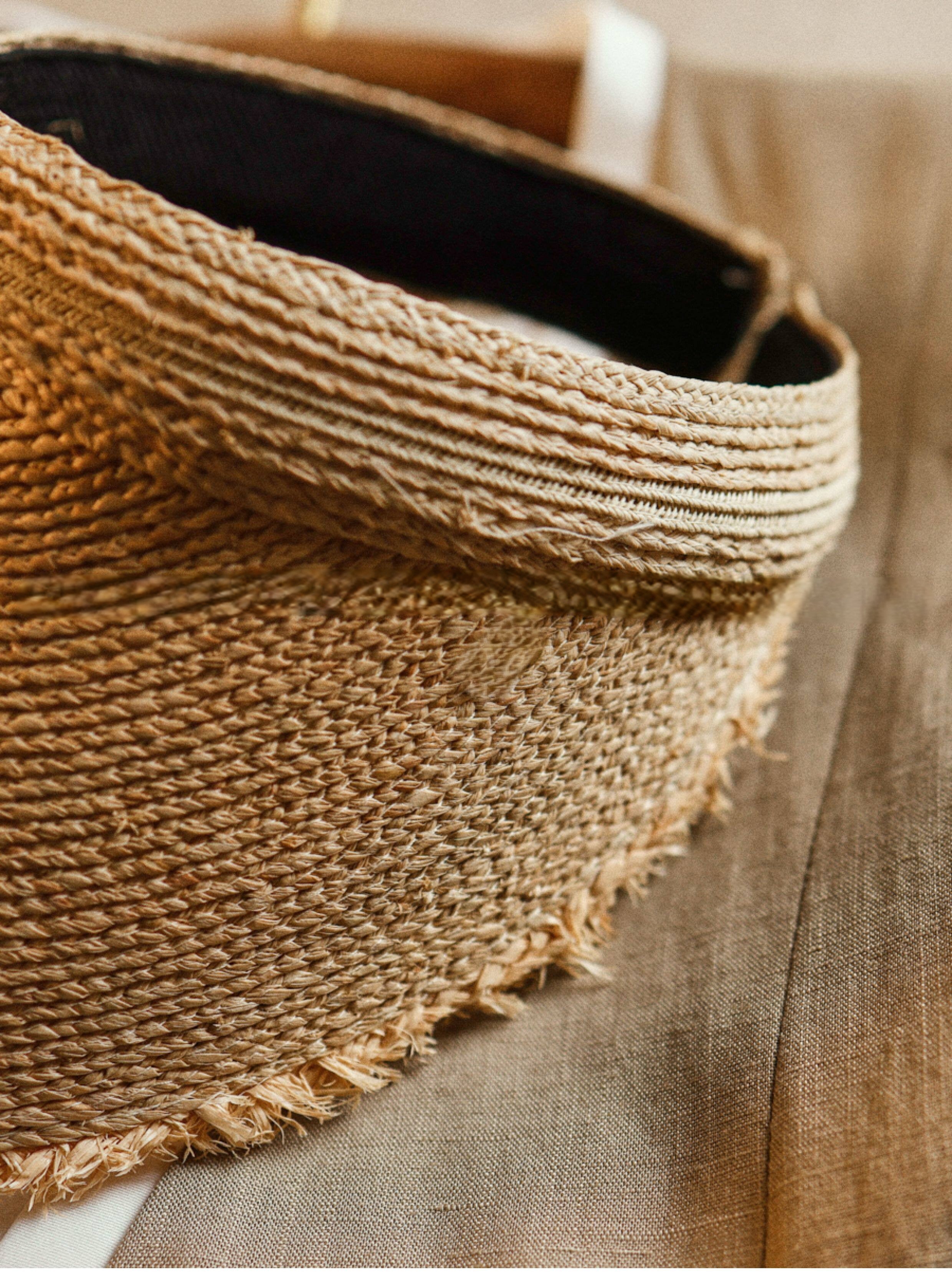 Wildfool Raffia Open-Crown Visor — close-up of hand-woven raffia straw texture