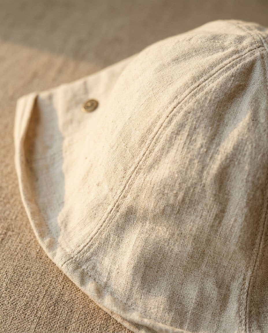 Wildfool Washed Linen Docker Cap in Black — three-quarter view showing minimal brim