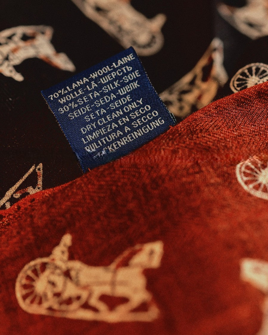 Wildfool 85cm carriage scarf folded to show black and brick-red reversible sides together