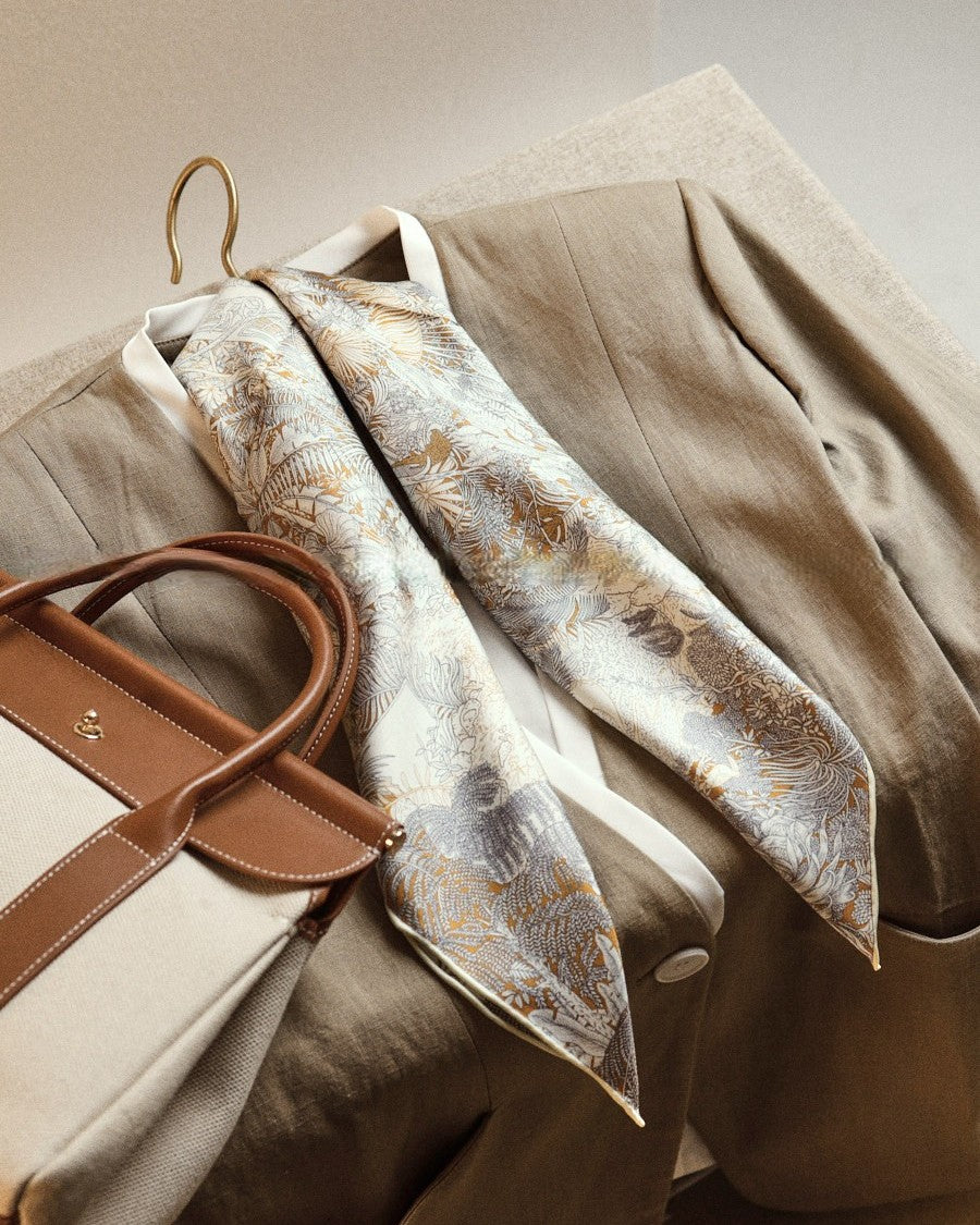 Wildfool 65cm silk wool scarf folded to show both gold and silver sides simultaneously
