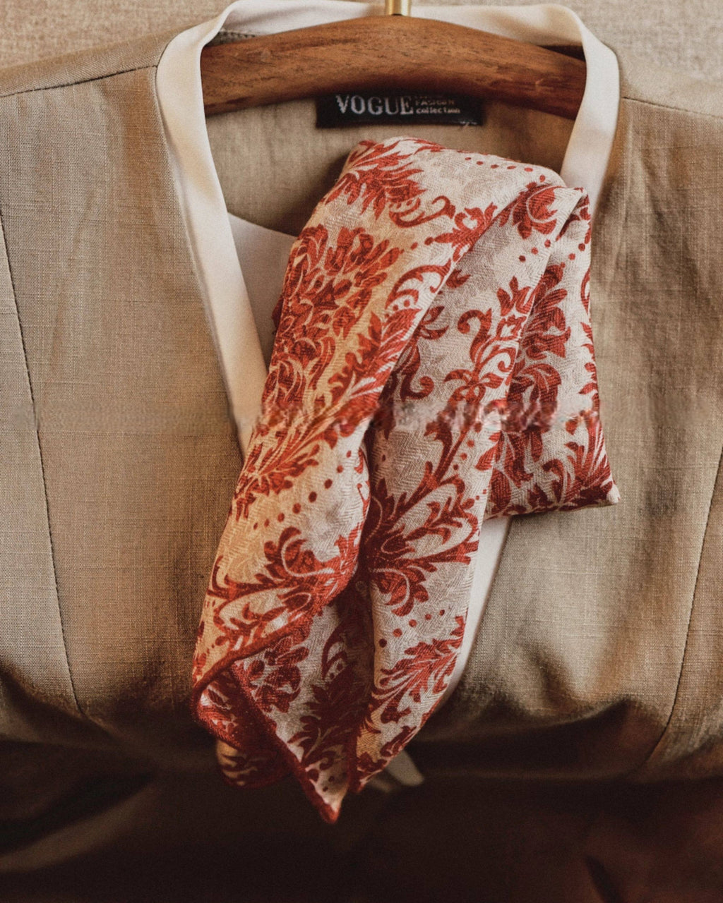 Wildfool silk wool scarf in deep carmine red with cream baroque floral symmetry — flat lay