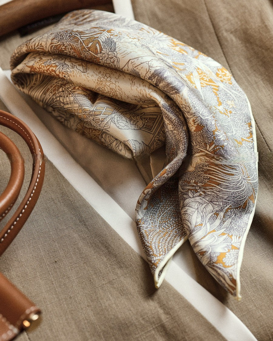 Wildfool 65cm silk wool scarf folded to show both gold and silver sides simultaneously