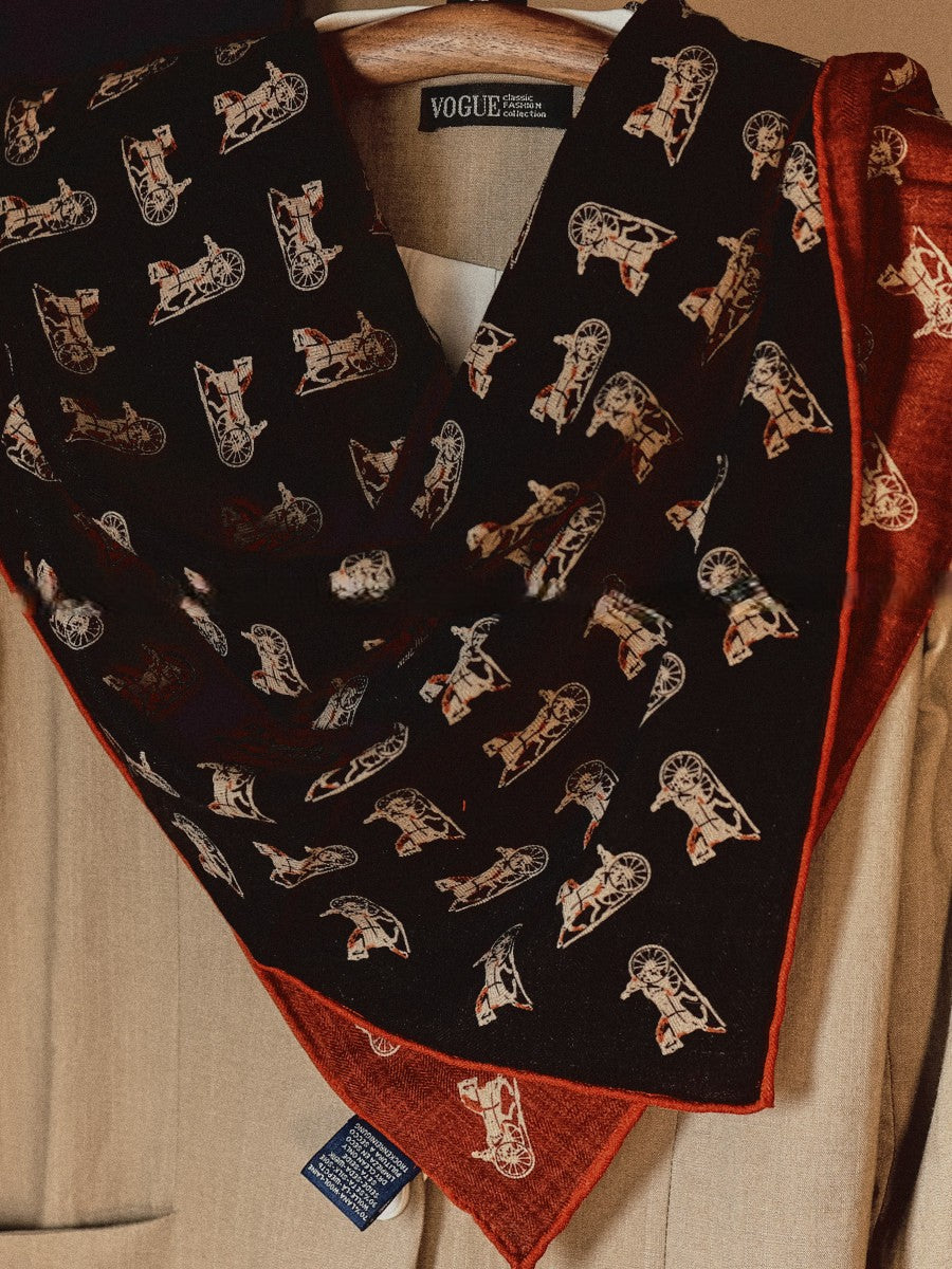 Wildfool 85cm carriage scarf folded to show black and brick-red reversible sides together