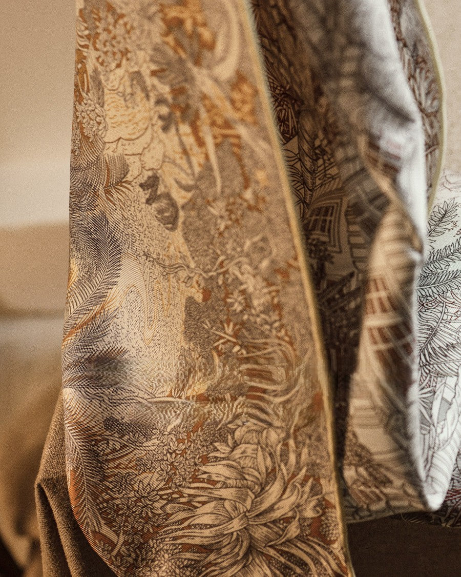 Wildfool 65cm silk wool scarf folded to show both gold and silver sides simultaneously