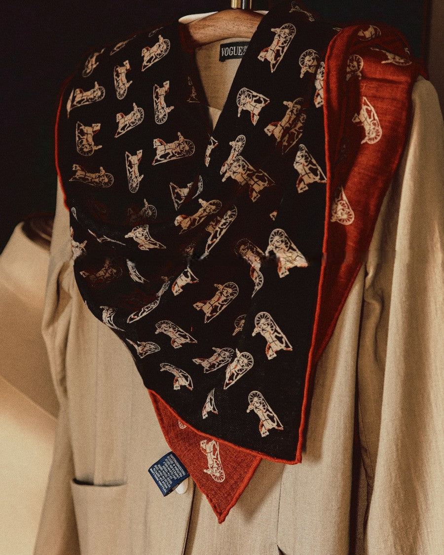 Wildfool 85cm carriage scarf folded to show black and brick-red reversible sides together