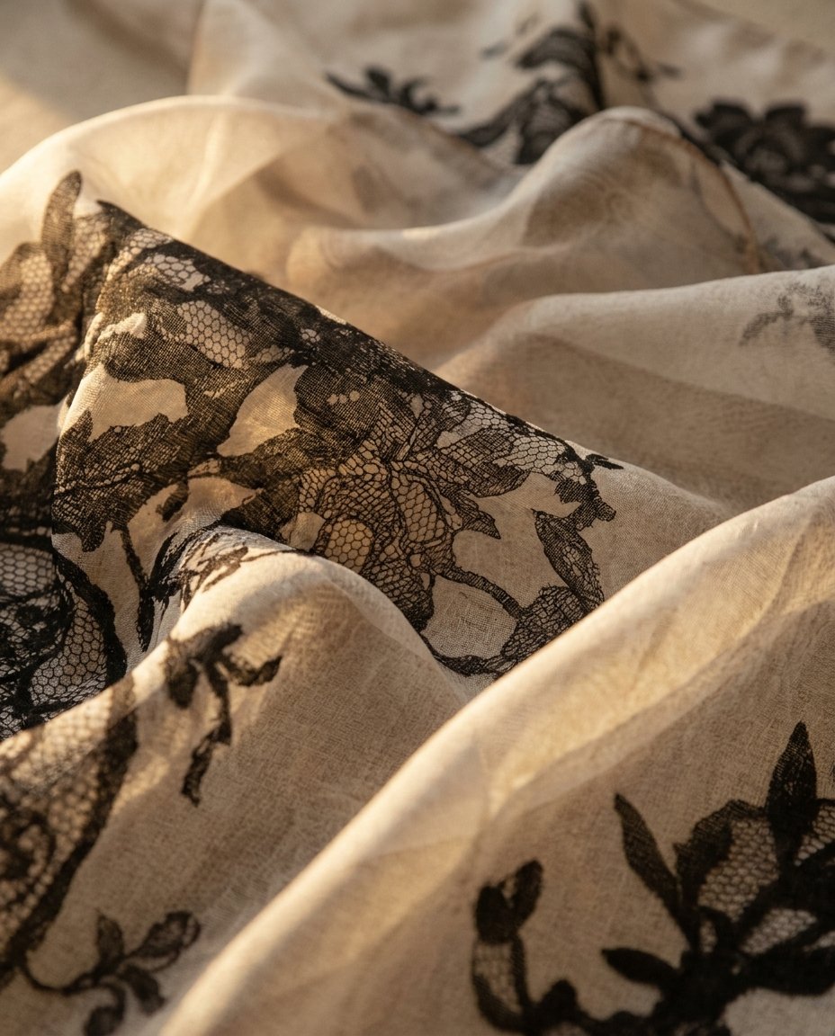 Wildfool silk chiffon scarf with lace floral print — held to light showing transparency