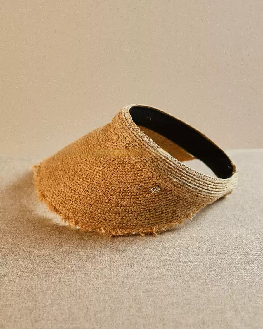 Wildfool Raffia Open-Crown Visor — side profile with raw frayed brim edges