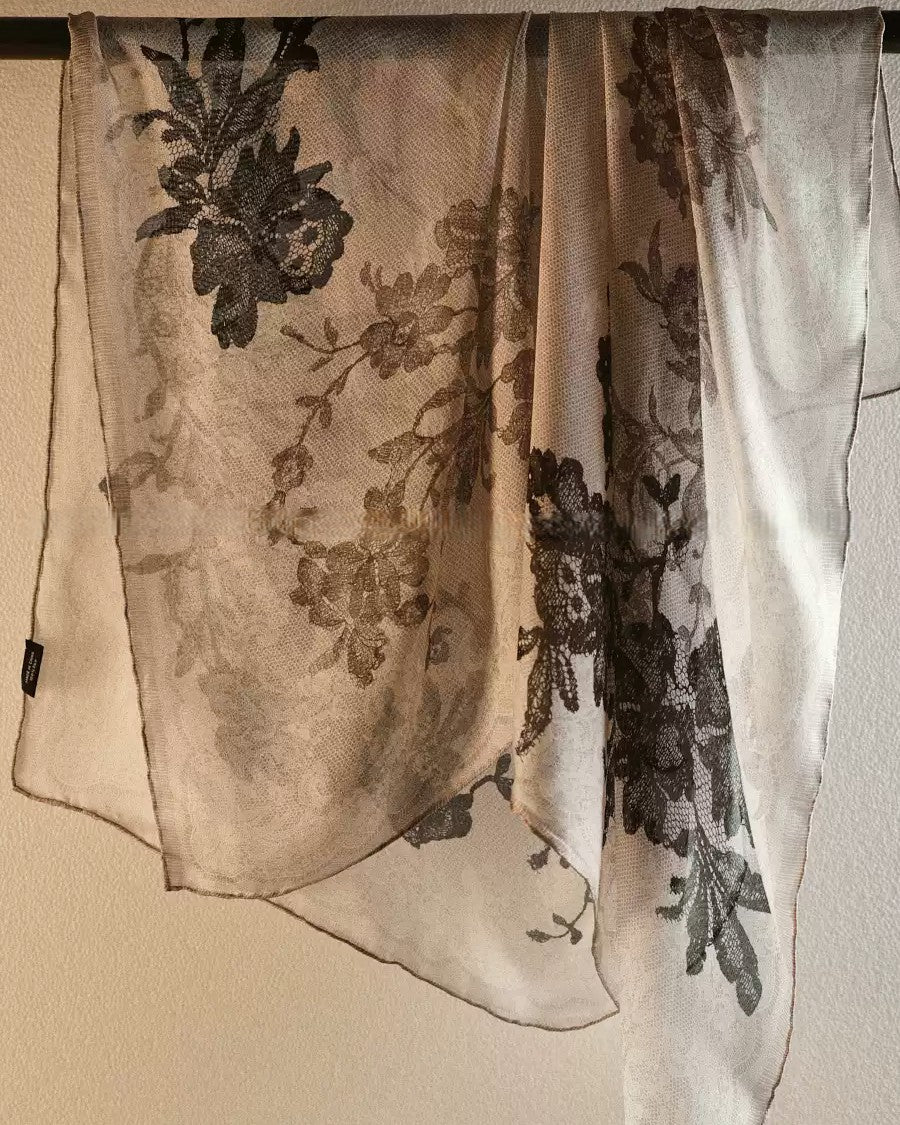 Wildfool 108cm silk sheer scarf with black lace-print floral pattern on cream gauze — flat lay
