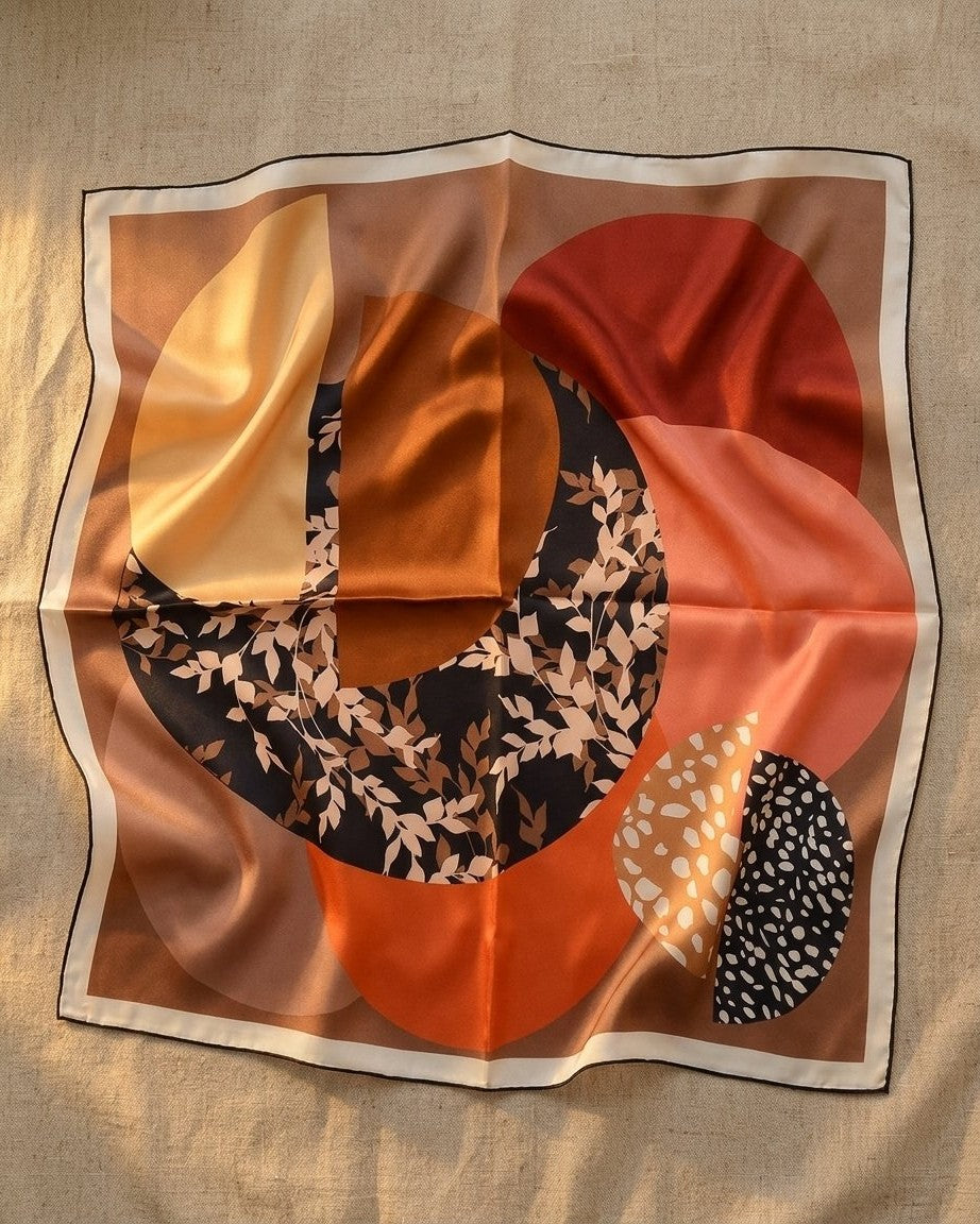 Close-up showing geometric collage composition with burnt orange semicircle and rust-red circle