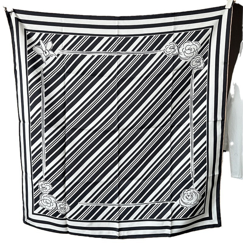 Wildfool 90cm mulberry silk scarf in black and white diagonal stripe pattern — full flat lay