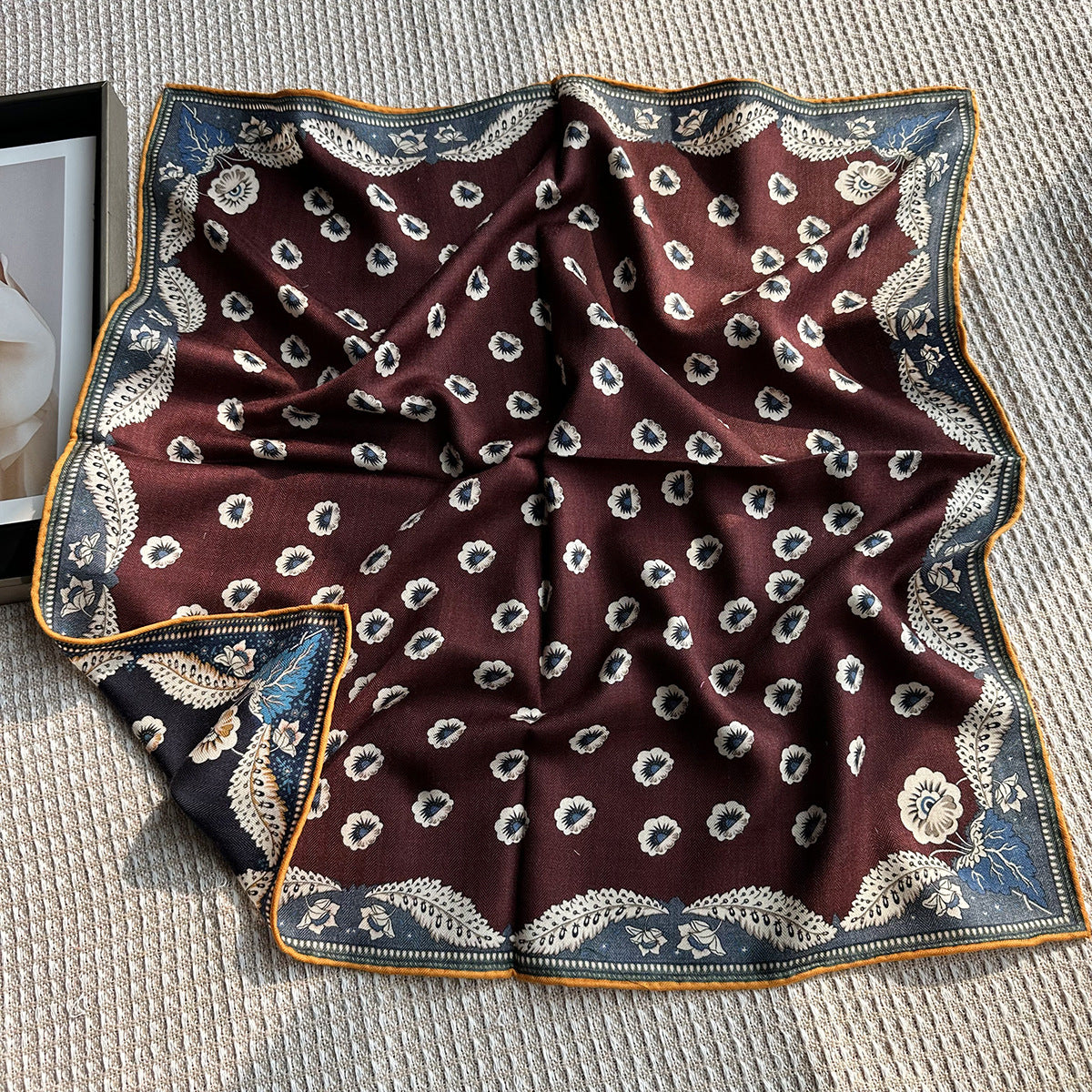 Wildfool reversible silk wool scarf — wine-red side with scattered white wildflower motifs
