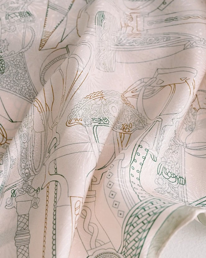 Wildfool pale pink-cream silk scarf with nearly invisible gray-sage equestrian motifs woven in