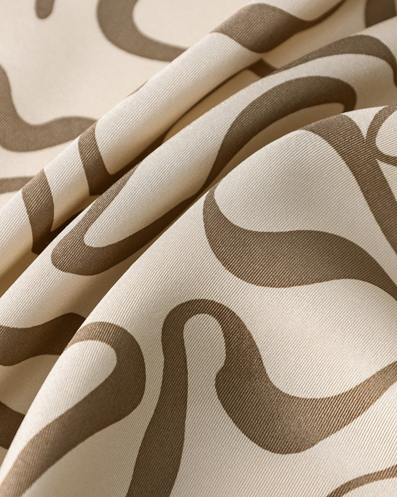 Wildfool abstract silk scarf 65cm with organic flowing brown and camel lines and navy border on cream