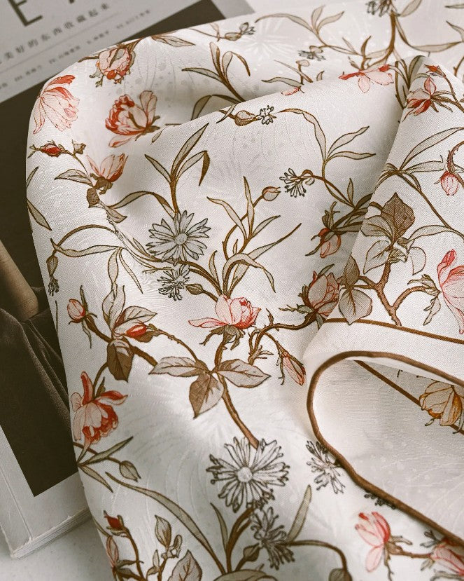 Wildfool cream silk scarf with hand-painted roses, coral daisies, and deep brown vines woven into 16mm lace