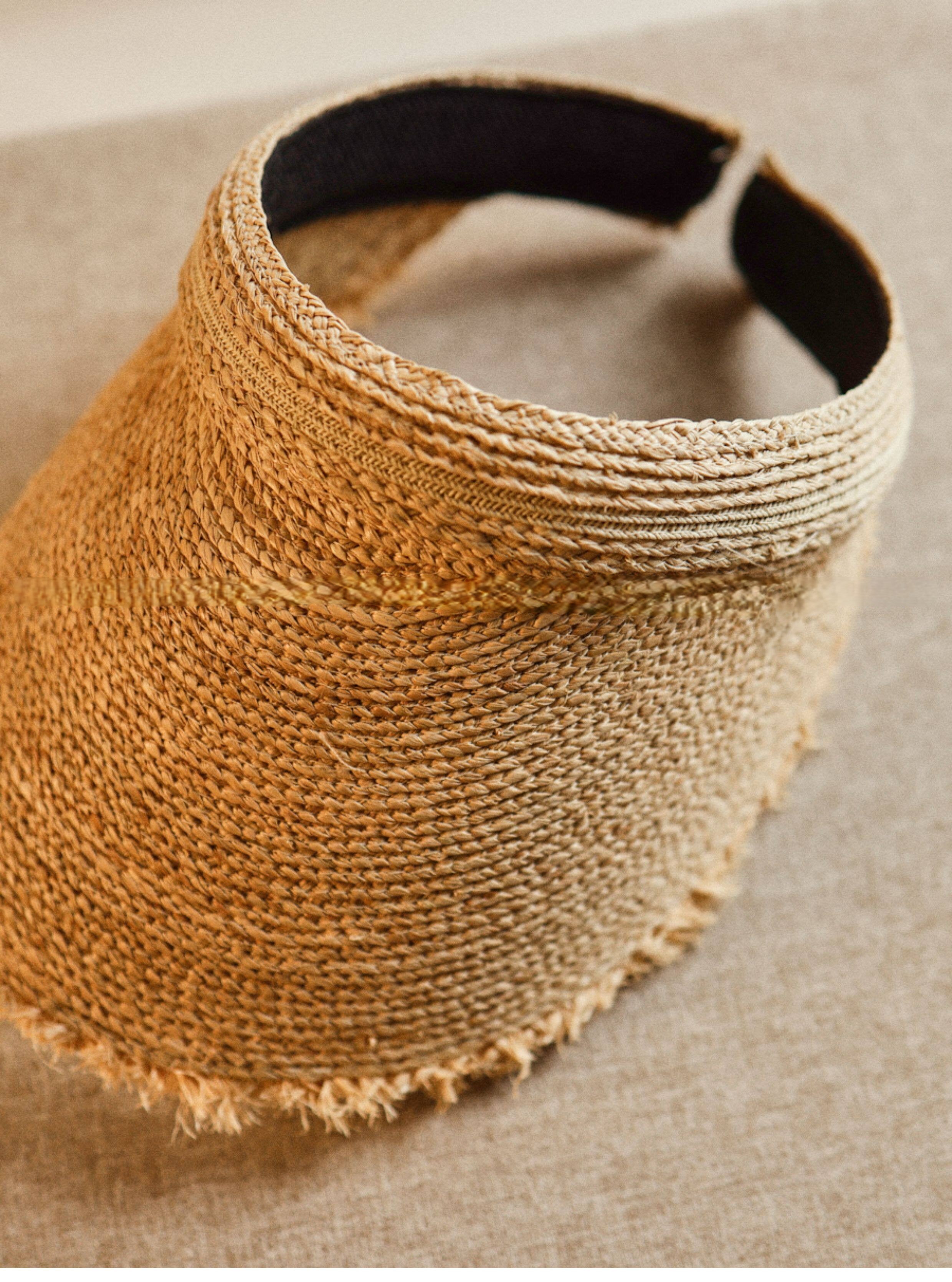 Wildfool Raffia Open-Crown Visor — close-up of hand-woven raffia straw texture