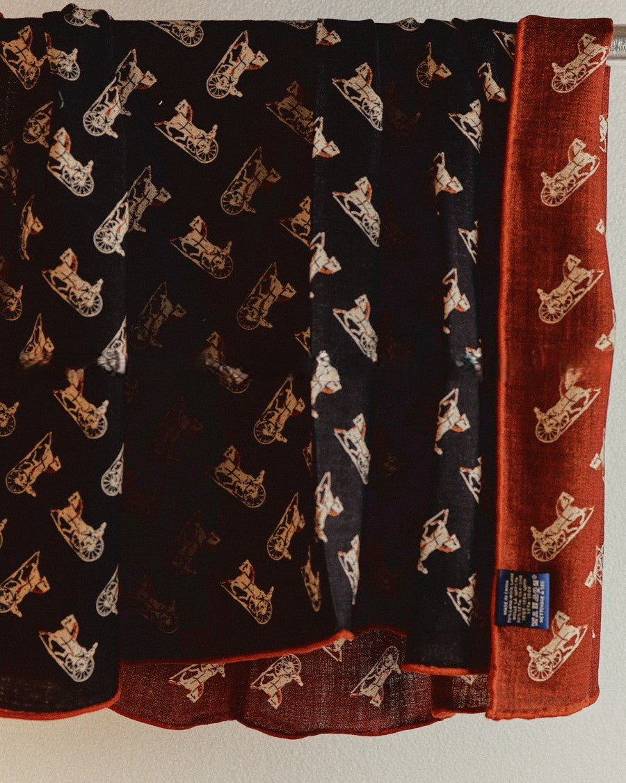 Wildfool 85cm silk wool scarf with vintage carriage print on black base — full flat lay