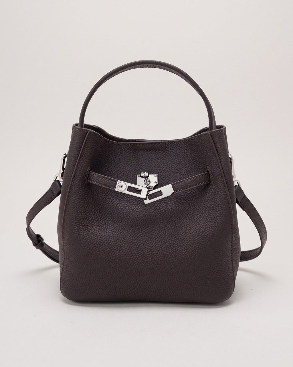 Wildfool The Orvieto Mini Bucket in Espresso, dark brown pebbled calfskin mini bucket bag with turn lock