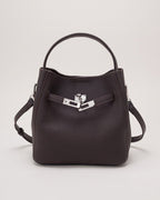 Wildfool The Orvieto Mini Bucket in Espresso, dark brown pebbled calfskin mini bucket bag with turn lock