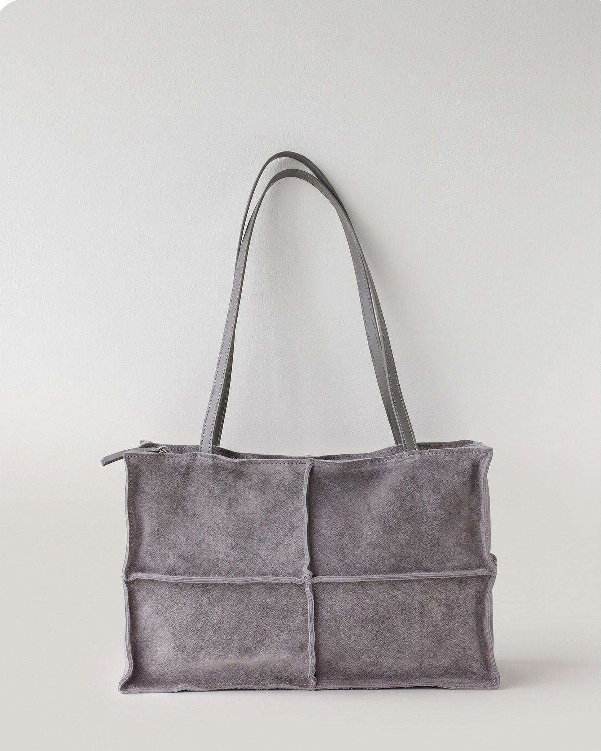 Wildfool The Urbino Patchwork Tote in Grey, soft grey brushed cowhide patchwork tote with two handles