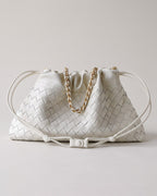 Wildfool The Assisi Chain Pouch in Ivory, ivory woven lambskin drawstring pouch on a gold-tone chain